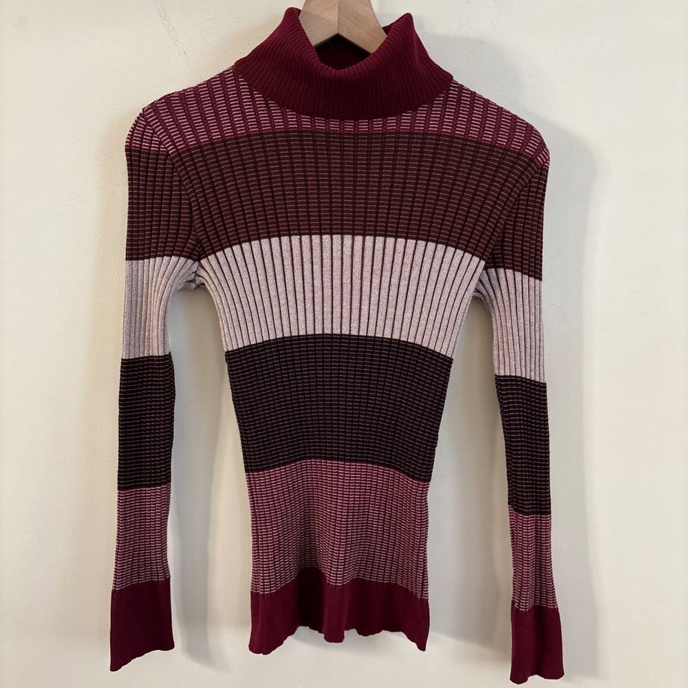 Almost Famous Womens Burgundy Striped Ribbed Turtleneck Sweater Size 1X